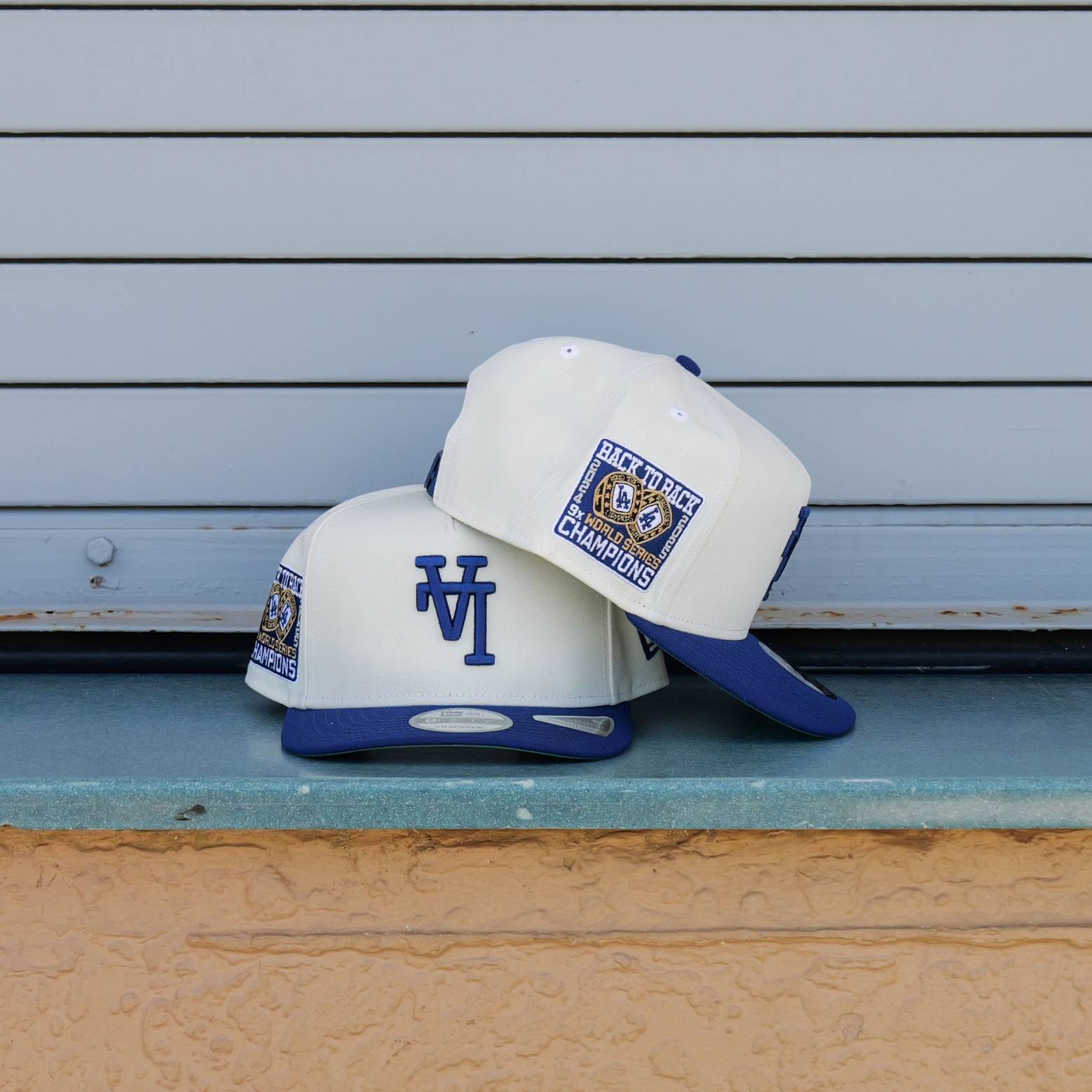 New Era LA Dodgers 24/25 Back To Back Champs 9FIFTY A-Frame Snapback-(Cream/Blue) - New Era